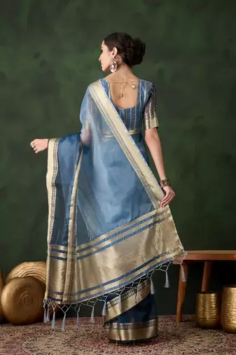 Blue khadi organza c wevon jacquard saree