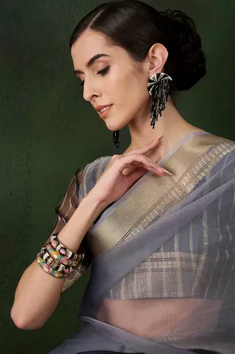 Grey khadi organza c wevon jacquard saree