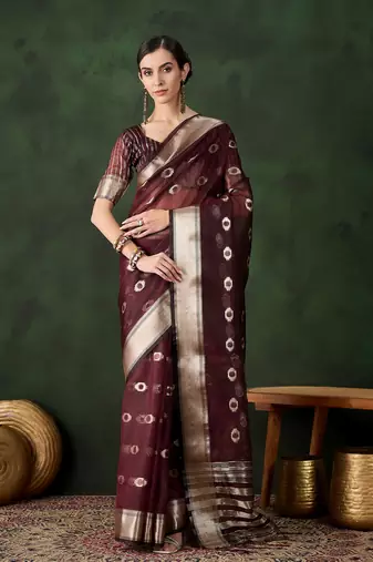 Burgundy khadi organza wevon jacquard designer graceful traditional saree