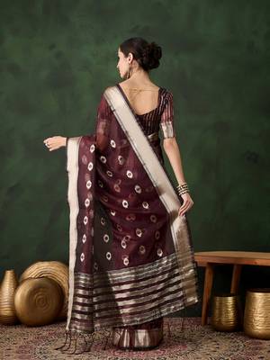 Burgundy khadi organza wevon jacquard graceful traditional saree 2
