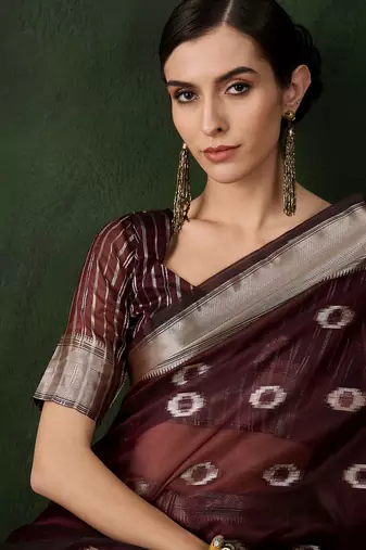 Burgundy khadi organza wevon jacquard graceful traditional saree