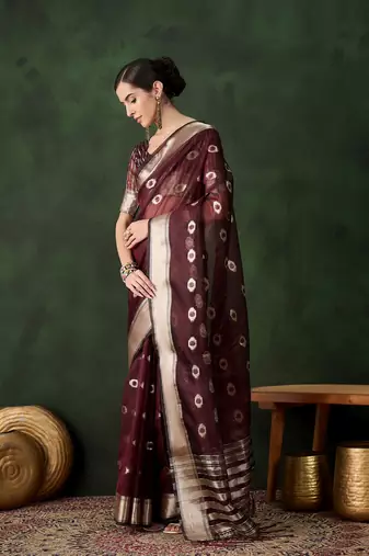 Burgundy khadi organza wevon jacquard graceful traditional saree
