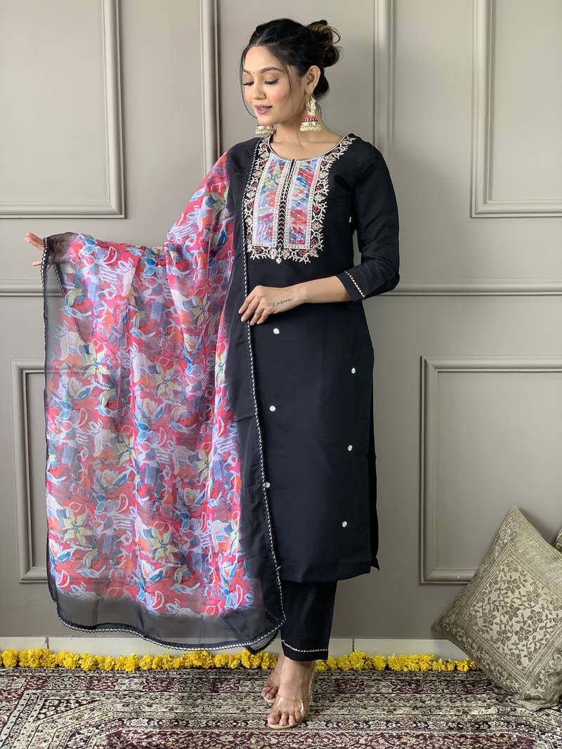 Viscose Fabric work Straight cut Kurta, Pant and Dupatta Set