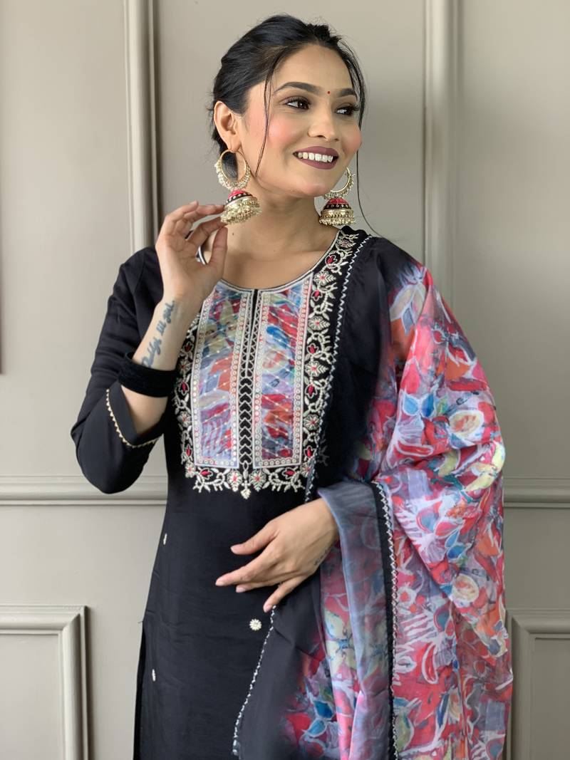 Viscose Fabric work Straight cut Kurta, Pant and Dupatta Set