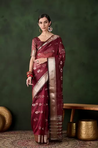 Maroon khadi organza wevon jacquard designer graceful traditional saree