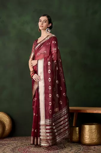 Maroon khadi organza wevon jacquard graceful traditional saree