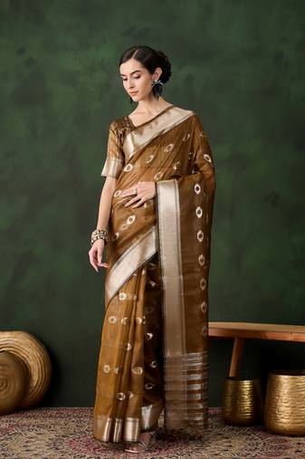 Mustard khadi organza wevon jacquard designer graceful traditional saree