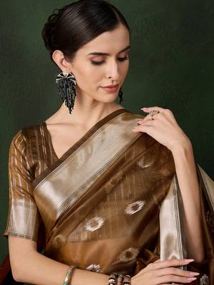 Mustard khadi organza wevon jacquard graceful traditional saree 3