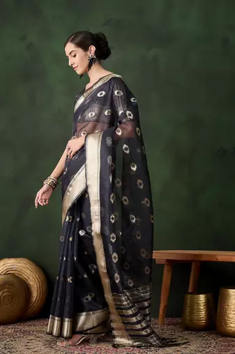 Navy blue khadi organza wevon jacquard graceful traditional saree