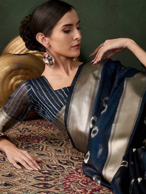 Teal khadi organza wevon jacquard graceful traditional saree 3