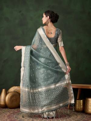 Wevon jacquard green khadi organza festive saree 2