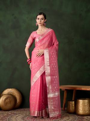Wevon jacquard pink khadi organza festive saree 1