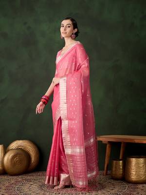 Wevon jacquard pink khadi organza festive saree 5