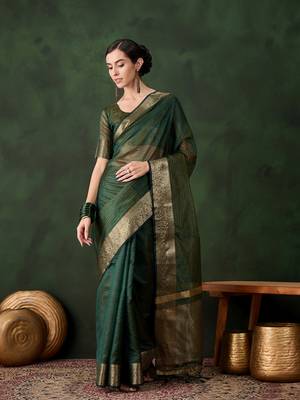 Green khadi organza wevon jacquard traditional festive wear saree 1