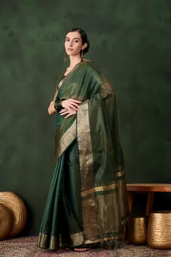 Green khadi organza wevon jacquard traditional festive wear saree