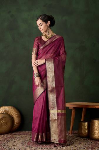 Magenta khadi organza wevon jacquard designer traditional festive wear saree