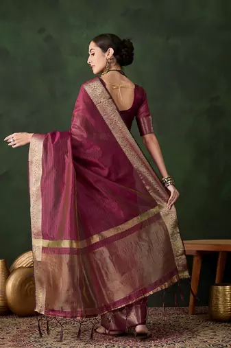 Magenta khadi organza wevon jacquard traditional festive wear saree