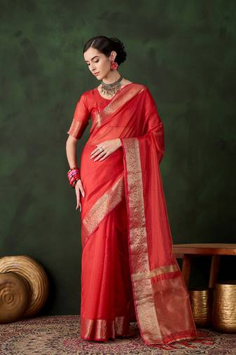 Red khadi organza wevon jacquard designer traditional festive wear saree