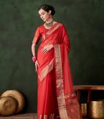 Red khadi organza wevon jacquard designer traditional festive wear saree