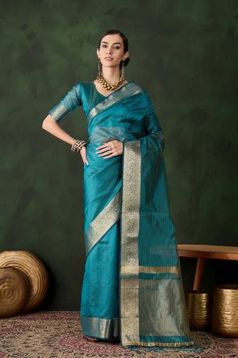 Firozi khadi organza wevon jacquard designer traditional festive wear saree