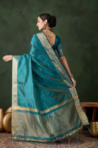 Firozi khadi organza wevon jacquard traditional festive wear saree