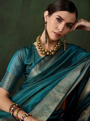 Firozi khadi organza wevon jacquard traditional festive wear saree 3