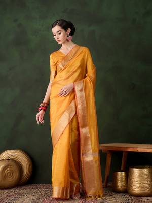 Yellow khadi organza wevon jacquard traditional festive wear saree 1