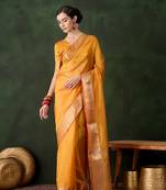 Yellow khadi organza wevon jacquard designer traditional festive wear saree