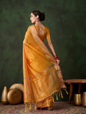 Yellow khadi organza wevon jacquard traditional festive wear saree 2