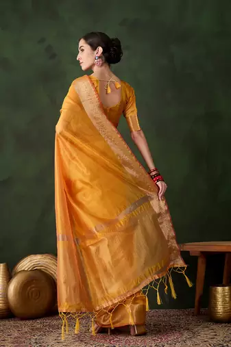 Yellow khadi organza wevon jacquard traditional festive wear saree