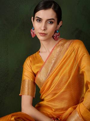 Yellow khadi organza wevon jacquard traditional festive wear saree 3