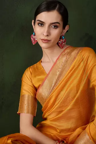 Yellow khadi organza wevon jacquard traditional festive wear saree
