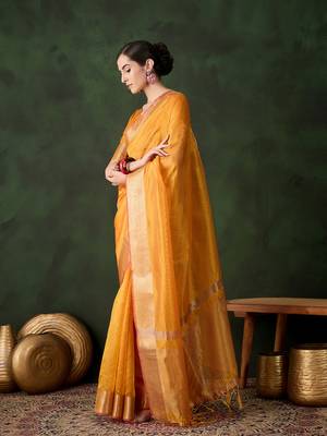 Yellow khadi organza wevon jacquard traditional festive wear saree 5