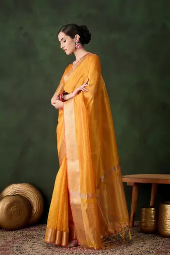 Yellow khadi organza wevon jacquard traditional festive wear saree