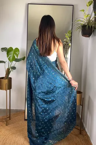 Teal jimmy choo c sequins work saree
