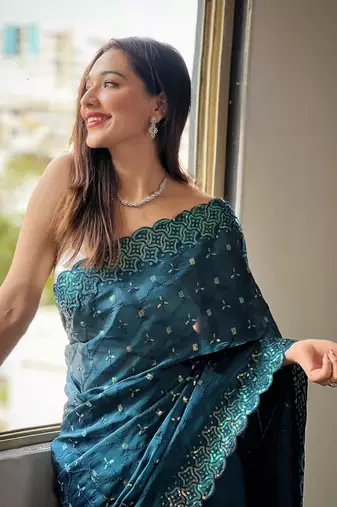 Teal jimmy choo c sequins work saree