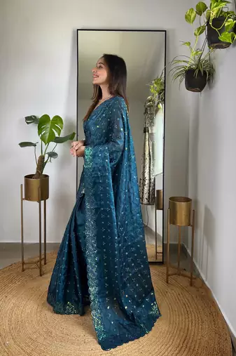 Teal jimmy choo c sequins work saree