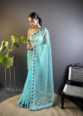 Blue butterfly net c embroidery work ceremonial saree 1