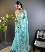 Blue butterfly net c embroidery work ceremonial saree