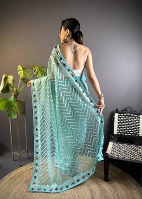 Blue butterfly net c embroidery work ceremonial saree 3