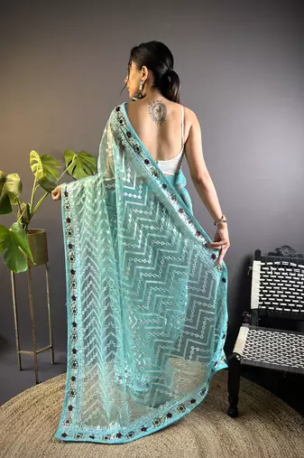 Blue butterfly net c embroidery work ceremonial saree