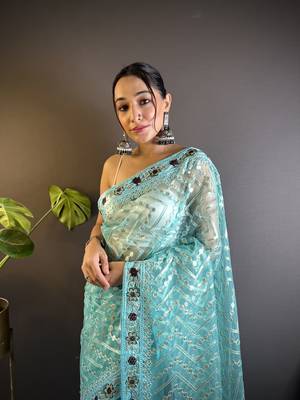 Blue butterfly net c embroidery work ceremonial saree 4