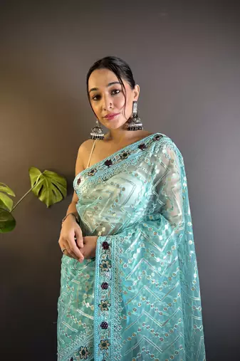 Blue butterfly net c embroidery work ceremonial saree
