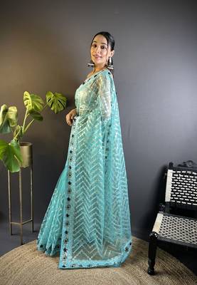 Blue butterfly net c embroidery work ceremonial saree 5
