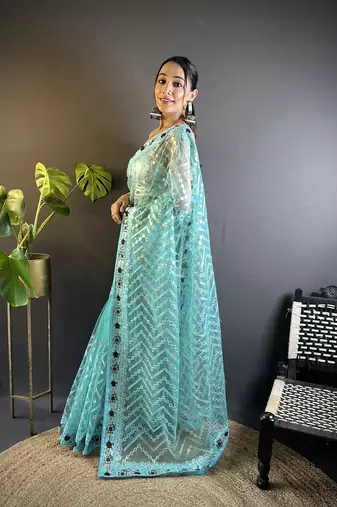 Blue butterfly net c embroidery work ceremonial saree