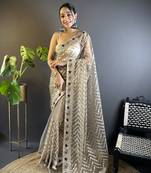 Beige butterfly net c embroidery work ceremonial saree