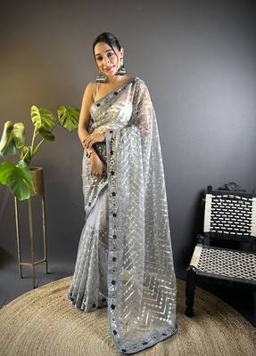 Grey butterfly net c embroidery work ceremonial saree 1