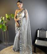 Grey butterfly net c embroidery work ceremonial saree