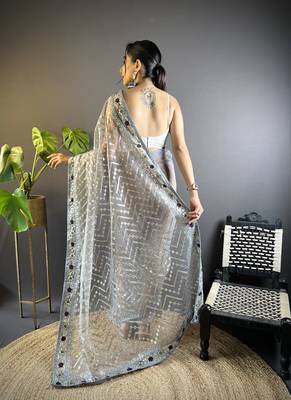 Grey butterfly net c embroidery work ceremonial saree 3