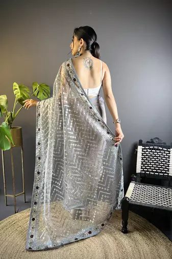 Grey butterfly net c embroidery work ceremonial saree